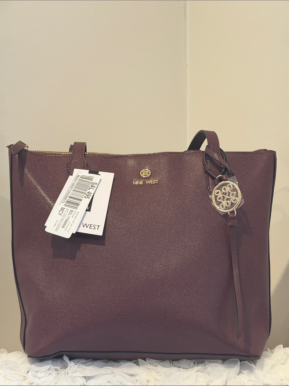 Nine West Burgundy Pebbled Tote with Gold Accent